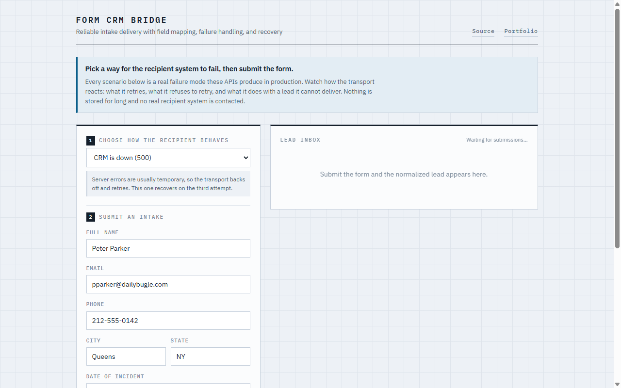 The Form to CRM Bridge live demo. A control selects how the recipient CRM fails, shown here as "CRM is down (500)", beside an intake form and a lead inbox that displays the normalized result.
