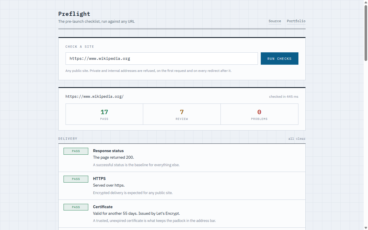 A completed Preflight report for wikipedia.org: seventeen checks passed, seven flagged for review, zero problems, finished in 445 milliseconds.
