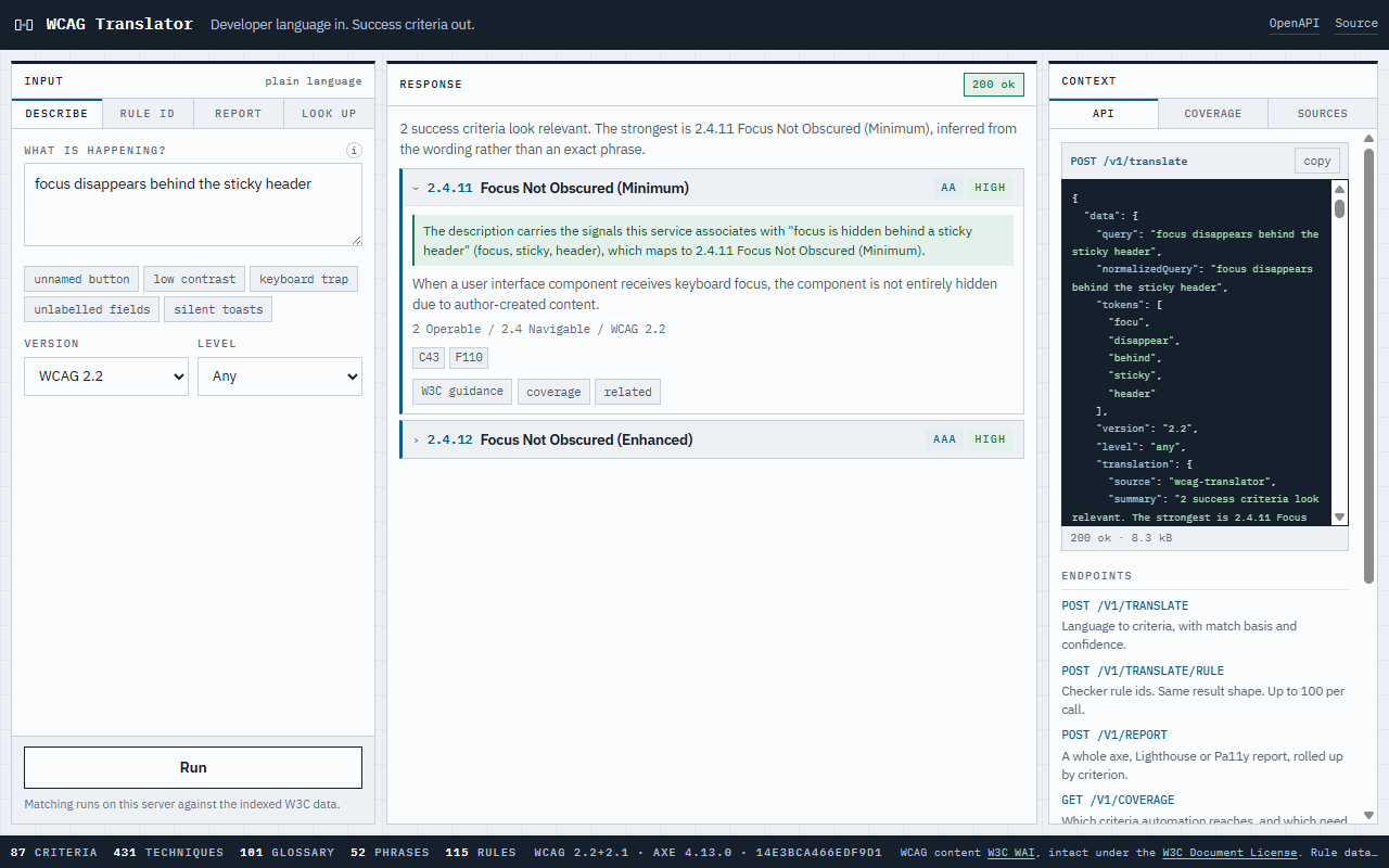 The WCAG Translator console. The plain-language description "focus disappears behind the sticky header" is matched to success criterion 2.4.11 Focus Not Obscured, with the match basis, level, confidence, and the JSON response shown alongside.